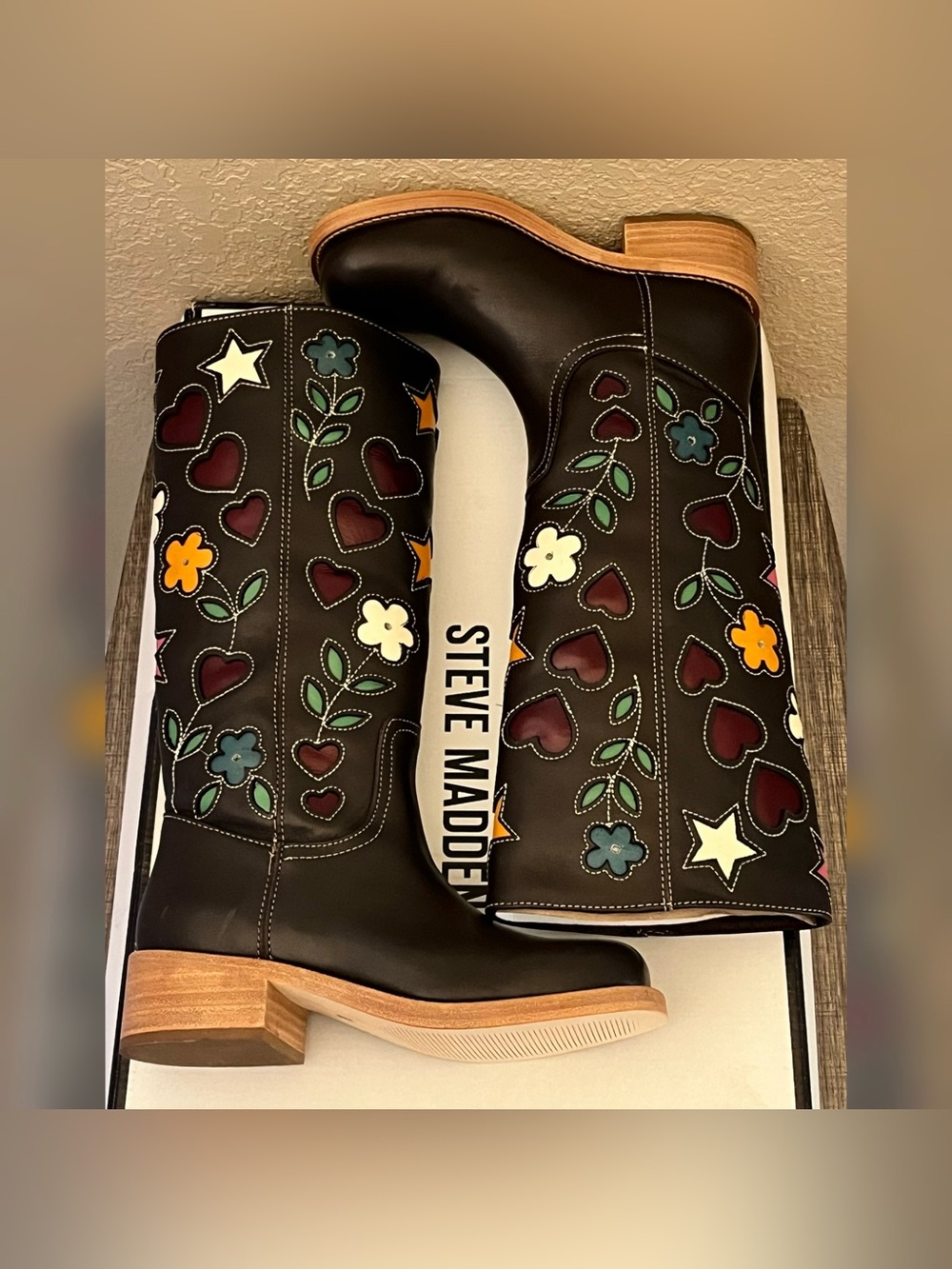 Steve Madden Women's Riggs Brow Floral Multicolor Design Leather Boots Size-5.5